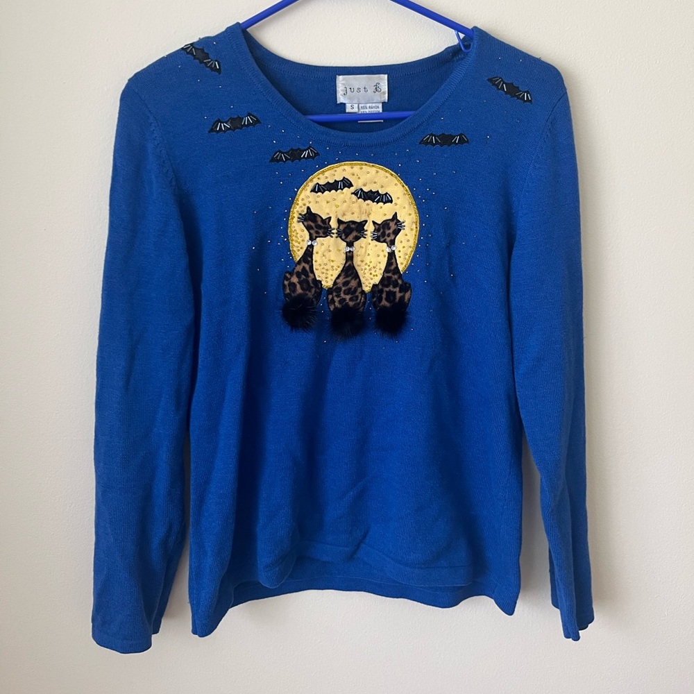 Vintage halloween cats bats animal print long sleeve blue sweater top small